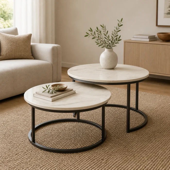 Natural marble coffee table top set in warm living room