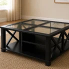 Bridgton style black glass top coffee table in warm living room