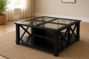 Bridgton style black glass top coffee table in warm living room