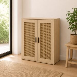 Natural cane doors shoe cabinet in a bright entryway
