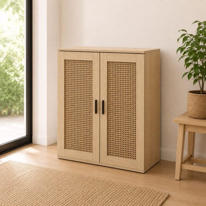 Natural cane doors shoe cabinet in a bright entryway