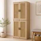 Stacked natural cane doors shoe cabinets in a bright room
