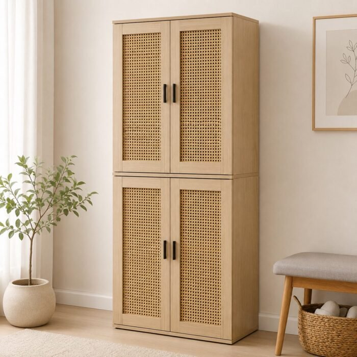 Stacked natural cane doors shoe cabinets in a bright room