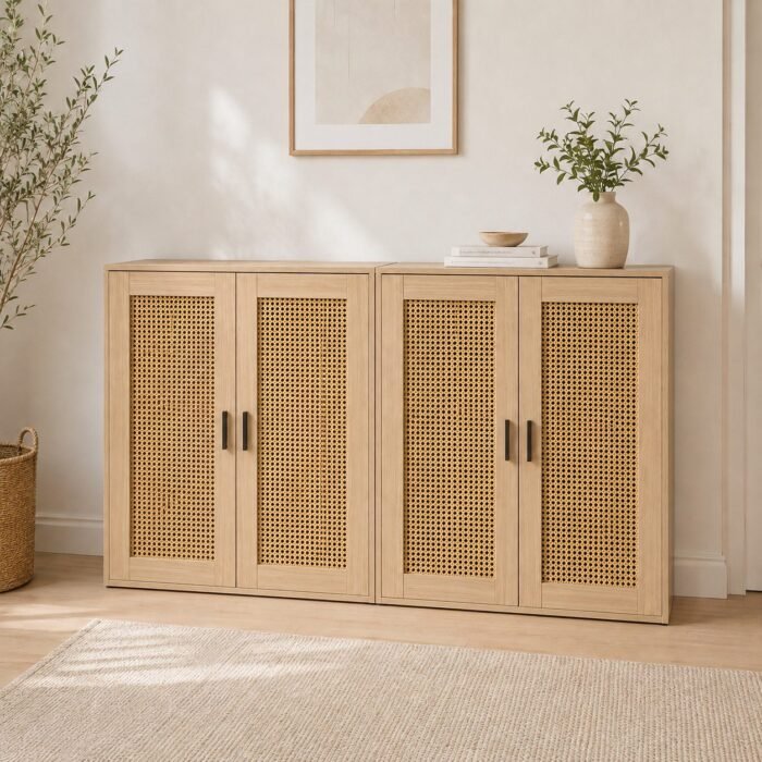 Two natural cane doors shoe cabinets side by side in a bright room