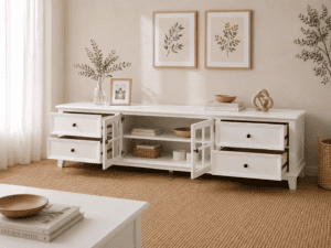 Hampton 2m TV Unit White storage open view