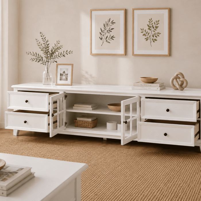 Hampton 2m TV Unit White storage open view