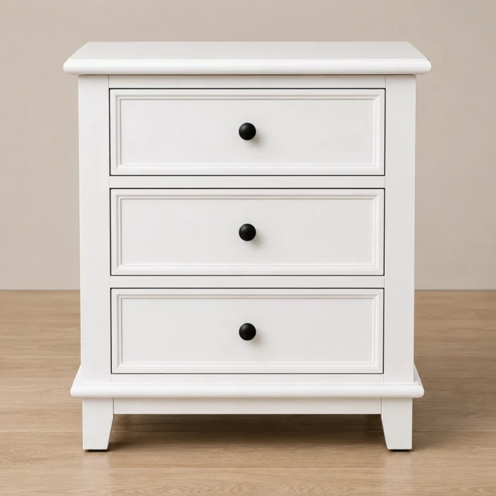 Hampton 3-Drawer Bedside Table in White JS803 front view Hampton 3-Drawer Bedside Table in White JS803 front view