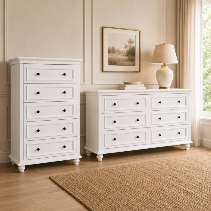 American Country Style 5-drawer tallboy in white finish