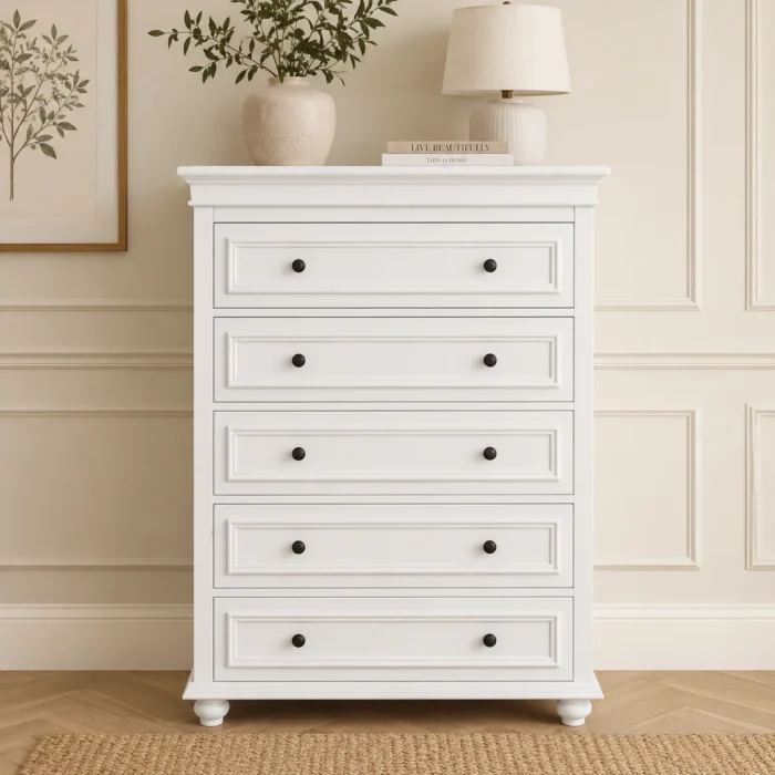 American Country Style 5-drawer tallboy in white finish