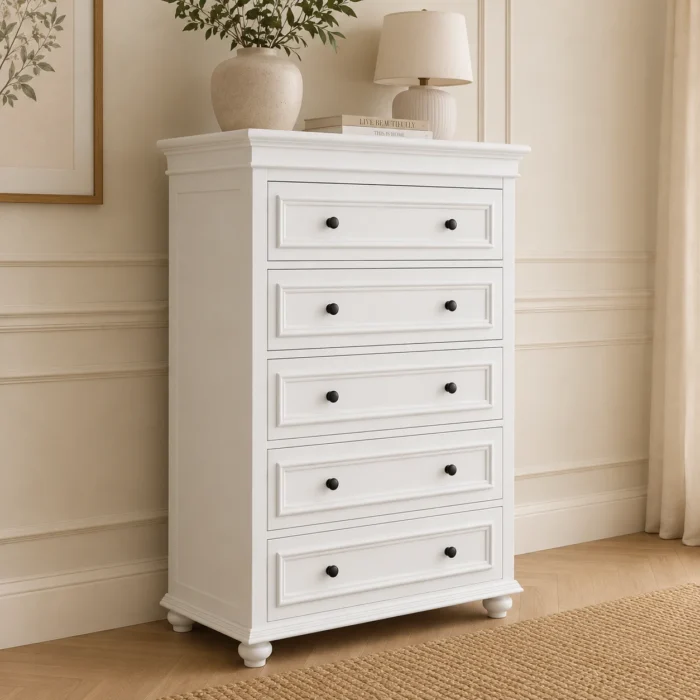 American Country Style 5-drawer tallboy in white finish