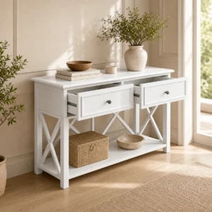 Lily 130cm white console hall table with two drawers in warm entryway scene
