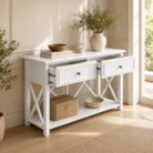 White 130cm console hall table with drawers open in a warm hallway