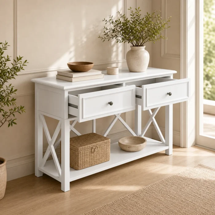 White 130cm console hall table with drawers open in a warm hallway
