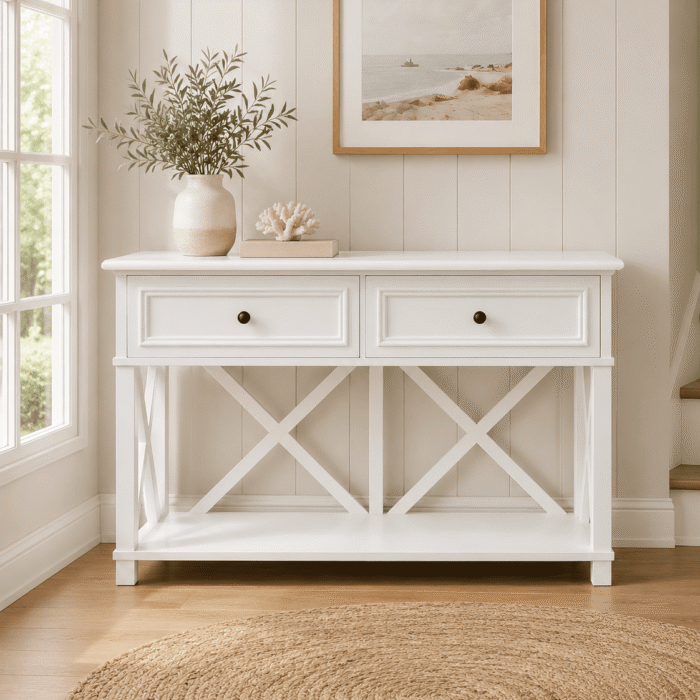 White 130cm console hall table with two drawers styled in a coastal entryway