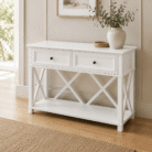 White 130cm console hall table with two drawers in a bright hallway
