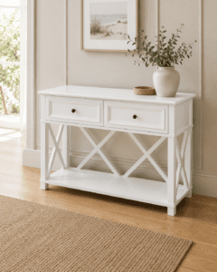 White 130cm console hall table with two drawers in a bright hallway