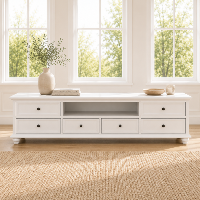 LS625 Hampton Country 2m white TV unit front view