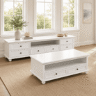 LS625 2m white TV unit styled with matching coffee table in living room