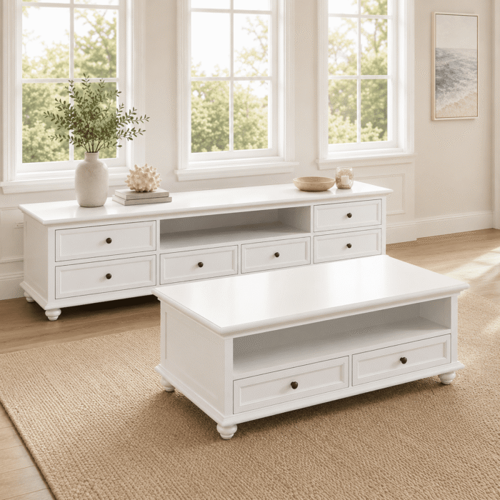 LS625 2m white TV unit styled with matching coffee table in living room