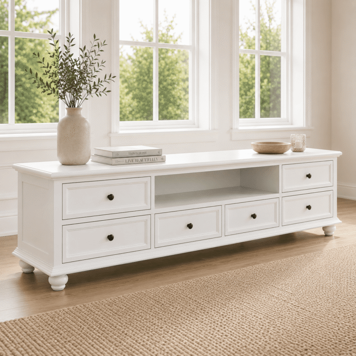 LS625 Hampton Country 2m white TV unit with six drawers and open shelf