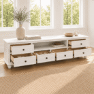 LS625 white TV unit with open drawers showing storage space