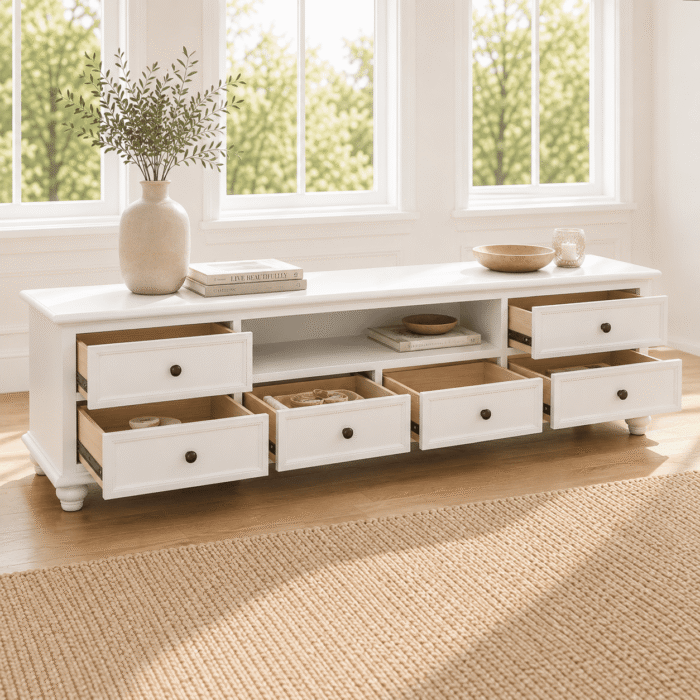LS625 white TV unit with open drawers showing storage space