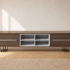 Modern minimalist wooden TV unit 2m front view in warm living room setting