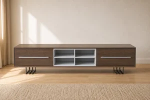 Modern minimalist wooden TV unit 2m front view in warm living room setting