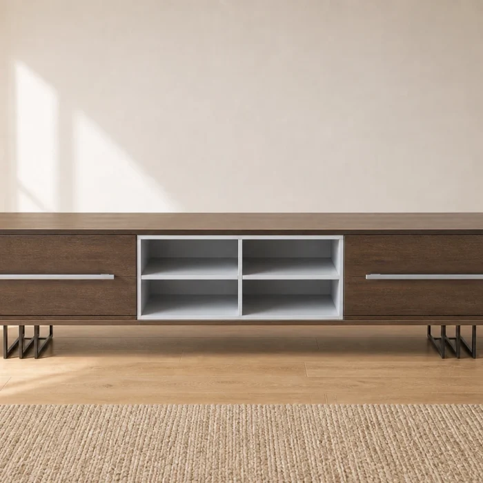 Modern minimalist wooden TV unit 2m front view in warm living room setting