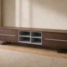 Modern minimalist wooden TV unit 2m in warm living room setting