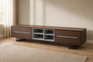 Modern minimalist wooden TV unit 2m in warm living room setting