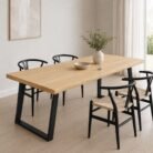 Natural edge ash wood dining table with chairs in a bright dining room
