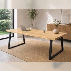 Full room view of natural edge ash wood dining table with black metal legs