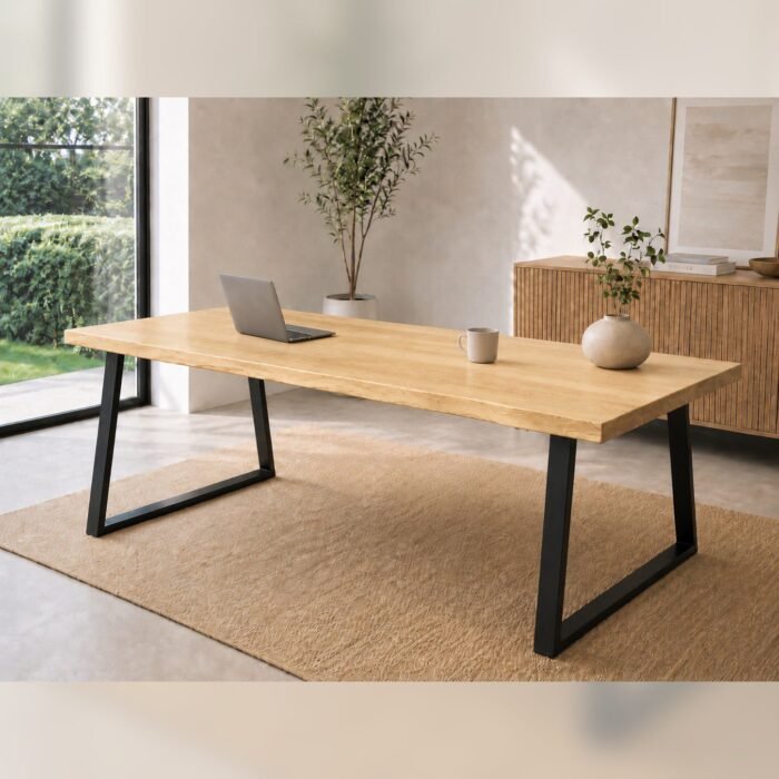 Natural Edge Ash Wood Dining Table main full room view Full room view of natural edge ash wood dining table with black metal legs