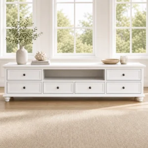 Noosa 2m American Country Style White TV Unit with six equal drawers