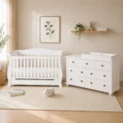 Sleigh baby cot with Classic 7 drawer change table package in nursery room scene
