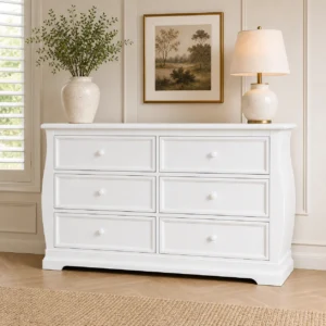 Sleigh Style 6-Drawer Chest of Drawers in white Hamptons bedroom setting