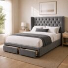 ST803G grey velvet storage bed frame with two foot-end drawers in a warm modern bedroom