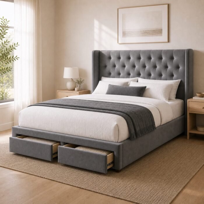 ST803G grey velvet storage bed frame with two foot-end drawers in a warm modern bedroom