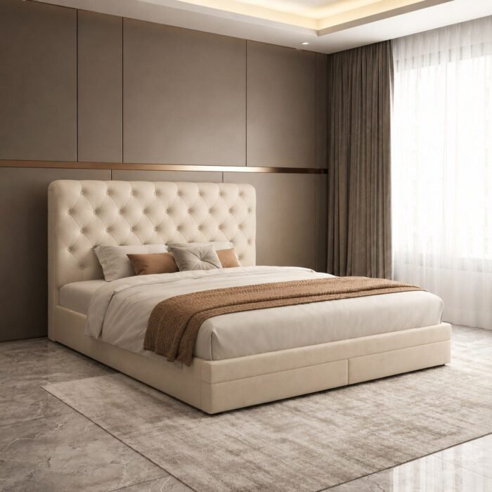 ST806 beige storage bed frame main bedroom scene Wooden bed frame with storage drawers in beige in a modern bedroom