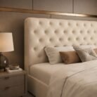 Close up of beige tufted headboard on wooden bed frame with storage drawers