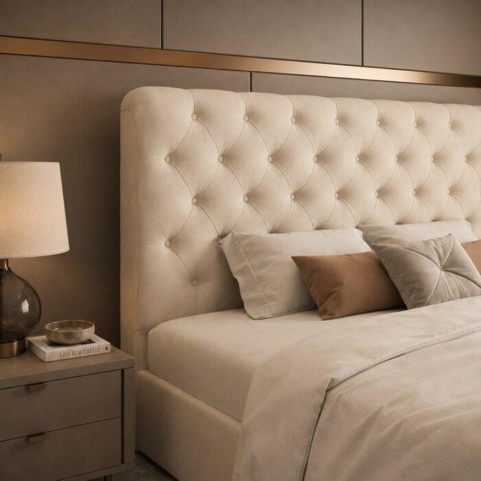 ST806 beige storage bed frame tufted headboard detail Close up of beige tufted headboard on wooden bed frame with storage drawers