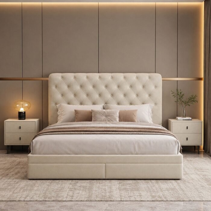 ST806 beige storage bed frame front bedroom scene Front view of beige wooden bed frame with two foot-end storage drawers