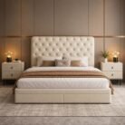 Beige wooden bed frame with two foot-end drawers in a warm bedroom setting