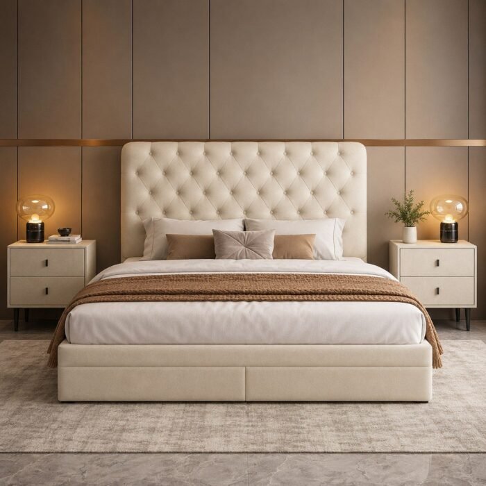 ST806 beige storage bed frame lifestyle scene Beige wooden bed frame with two foot-end drawers in a warm bedroom setting