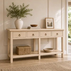 Stanley light birch wood 160cm console hall table with four drawers in warm entryway scene