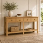Stanley rich birch wood 160cm console hall table with four drawers in warm entryway scene