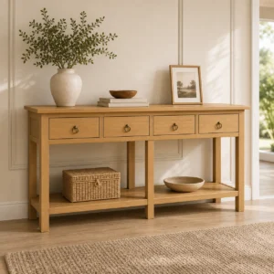Stanley rich birch wood 160cm console hall table with four drawers in warm entryway scene