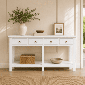 Stanley White 160cm Console Hall Table – beech wood front view Stanley White 160cm Console Hall Table - beech wood front view