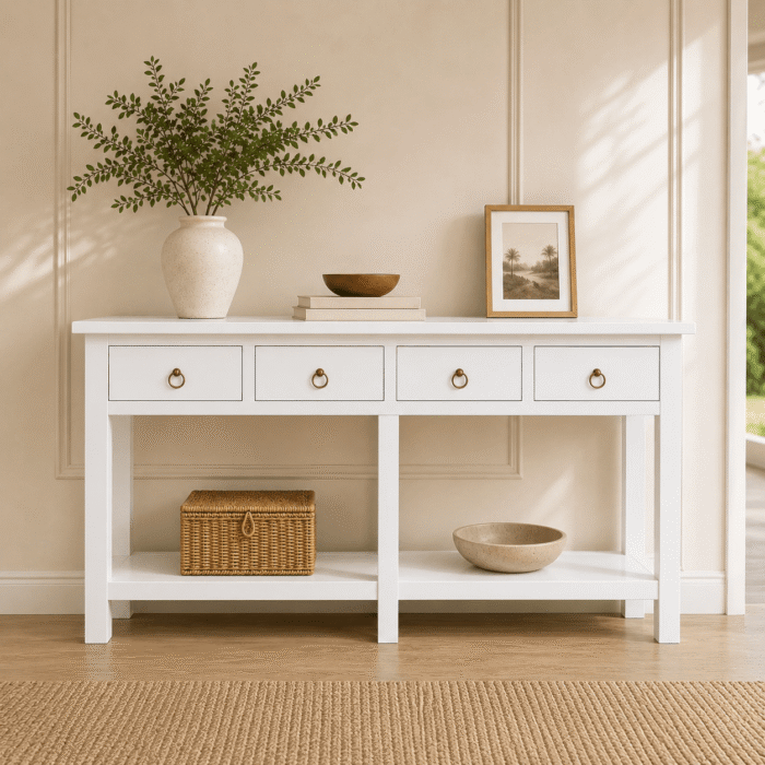 Stanley White 160cm Console Hall Table - beech wood front view Stanley White 160cm Console Hall Table - beech wood front view